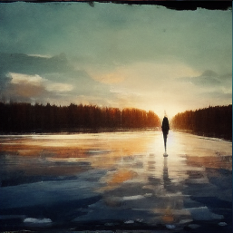 Painting of a lone figure standing on still water at dusk, facing a distant treeline