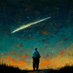 Painting of a person gazing up at a comet in a starry night sky