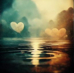 Painting of two heart shapes rising like mist over rippling water