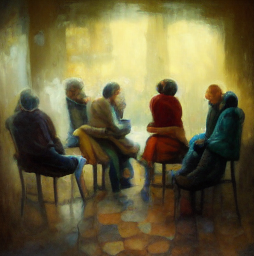 Painting of people seated in a close circle, leaning toward one another